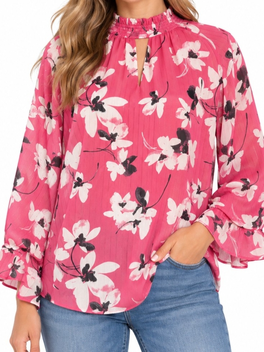 Cato Pink Floral Smocked Keyhole Blouse